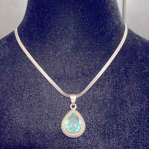Vintage Sterling 925 silver & Aquamarine stone pendant with Necklace with bag